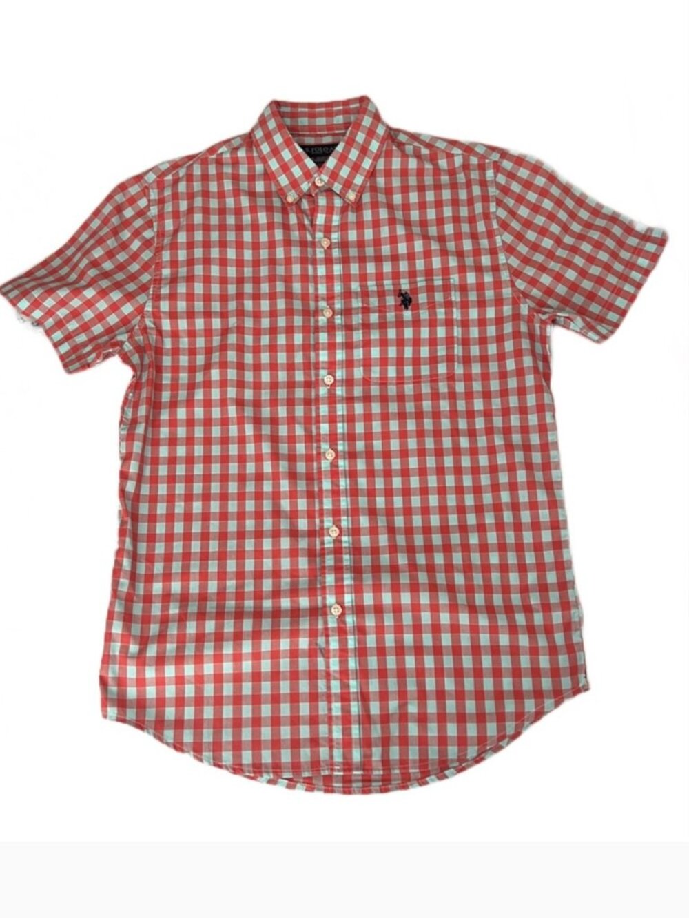 $15 SALE US Polo Assn Short Sleeve Designer Shirt Men S Orange Poly-Cotton Check